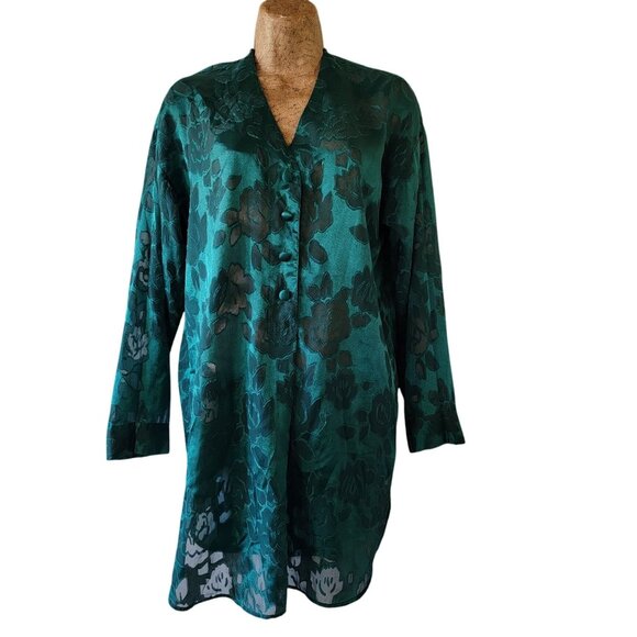 Vtg 90s Victoria Secret  Gold Label Jacquard Emerald Green Floral Sheer Teddy - Picture 2 of 15